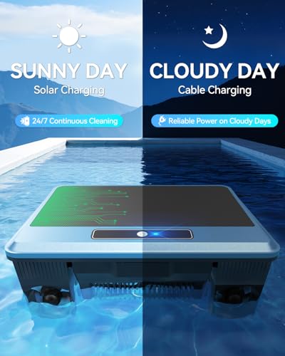 Poofata 2026 Upgraded F1T Solar Powered Robotic Pool Skimmer Surface Cleaner with APP Support Dual Charging Options Smart Obstacle Avoidance 24/7 Continuous Cleaning Ideal for Above Ground Pool Blue