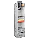 mDesign Fabric Hanging Closet Storage Organizer, for Clothing, Sweaters, Shoes, Accessories - 7 Shelves and 3 Drawers, Gray