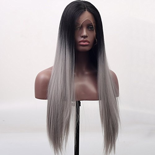 Arimika Silk Straight Long Black Roots Silver Grey Ombre Synthetic