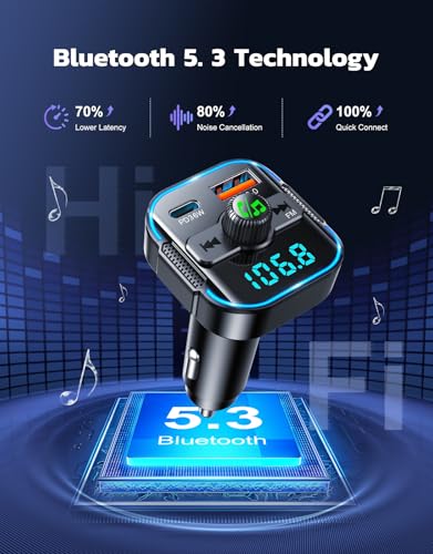 Glangeh 2026 Upgraded Bluetooth 5.3 Car Adapter【PD 36W+QC3.0 18W】, 2-in-1 Bluetooth FM Transmitter 【Dual Stronger Mics】& Fast Car Charger, Wireless Car Radio Adapter Hands-Free Kit, Siri Assistant