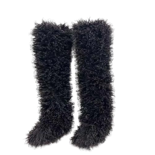 YFJNV Black Thigh High Fur Boots, Over the Knee Fluffy High Boots, Tall Furry shoes for Women (Black,10) Image