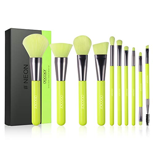 Docolor Makeup Brushes 10 Piece Neon Green Makeup Brush Set Premium Synthetic Kabuki Foundation Blending Face Powder Mineral Eyeshadow Make Up Brushes Set (Best Lip Brush 2019)