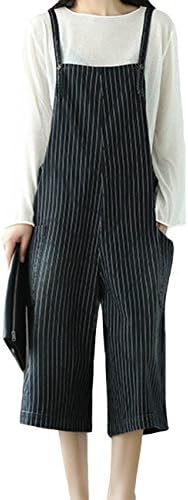 SUGIRLS Women's Casual Bib Overalls Wide Leg Cropped Striped Denim Jumpsuit Pants Black