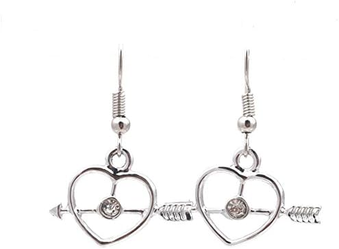 Sterling Silver Plated Retro CZ Cupid Arrow through a heart Charm Dangle Drop Earring