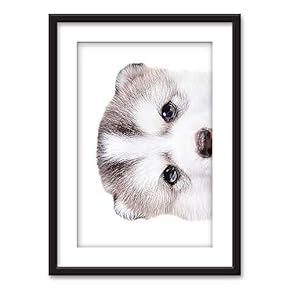 Framed Wall Art - A Curious Dog - Black Picture Frames White Matting - 23x31 inches