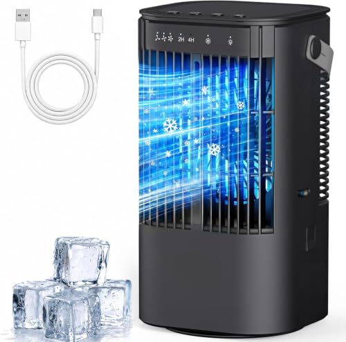 Aire Acondicionado Portátil, 4 en 1 Mini Enfriador de Airecon Tanque de Agua 1000ml luz de atmósfera de 7 colores, Mini AC Personal con temporizpara dormitorio, escritorio, casa, oficina (Negro)