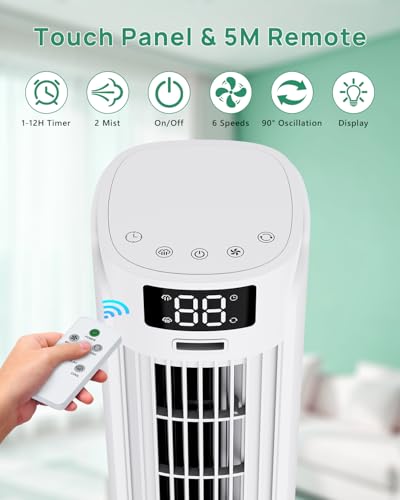 Portable Air Conditioner, 90° Auto Oscillation, 6 Speeds & 2 Cool Mist, 3 IN 1 Air Cooler, 800ML Water Tank, 12H Timer, 5M Remote Control, Quiet Cooling Tower Fan Air Conditioner for Room Office