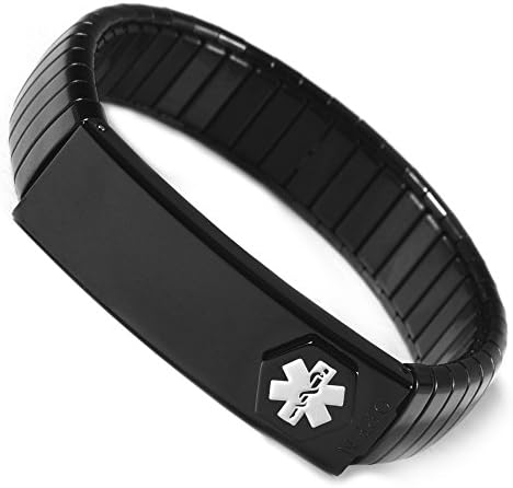 YINOX Wollet Jewellery Medical Alert Bracelet for Men Womens Ladies ID Bangle Elastic Stainless Steel Personalised (Put Details in Lift up Section, Customized Medical Card+Strips Free)