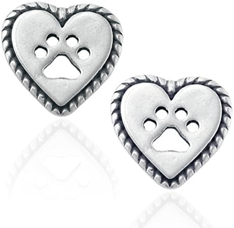 Sterling Silver Dog Paw Print on Heart Post Earrings