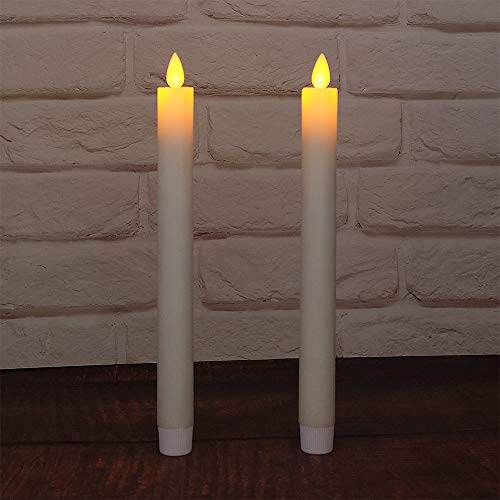 DRomance Flameless Taper Candles with Remote and Timer, Moving Wick LED Flickering Window Candles Battery Operated 0.78 x 9.5 Inches Real Wax Amber Yellow Christmas Window Decoration Set of 2(Ivory)