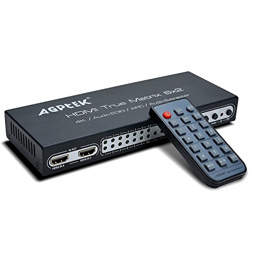 AGPtEK 4K 6X2 HDMI True Matrix SPDIF Splitter with ARC/PIP Function| HDMI Audio Extractor,2.0CH/ 5.1CH/ ADV Audio Mode| SPDIF or 3.5mm Headphone Audio Output