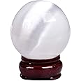 JIC Gem Selenite Crystal Ball with Wooden Stand Healing Crystal Sphere for Meditation, Home Decoration 2.3-2.7 Inch(60-70mm)