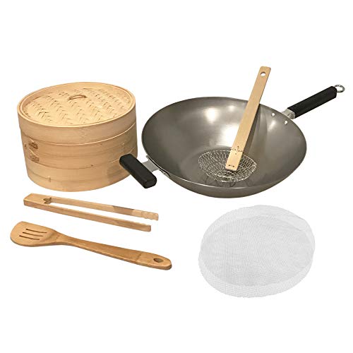 Joyce Chen Pro Chef Wok Set with Bamboo Steamer and Utensils, 6 Piece, Silver The Home Kitchen