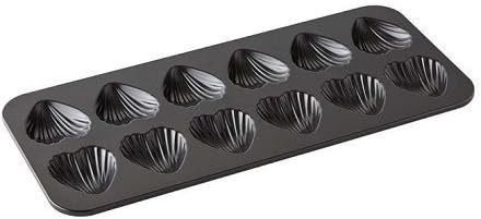 Madeleine Pan - Heart Shaped and Scalloped: 12-cup Non-stick Mold for cookies, chocolates, candy, cornbread