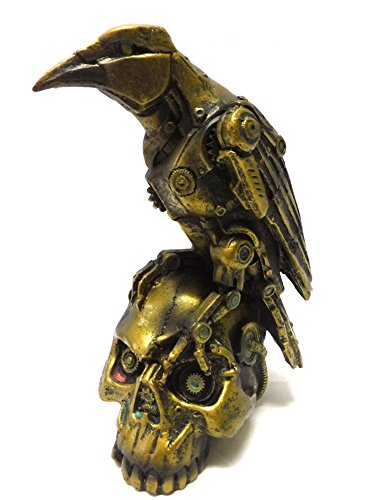 Steampunk Dark Crow Raven Setting on Skull Skeleton Sculpture Statue