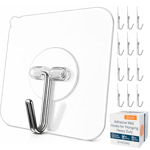 GLUIT Adhesive Wall Hooks for Hanging Heavy Duty 22 lbs Hooks for Walls No Drill, Towel Sticky Clear Hook, Waterproof, Home, Bathroom, Kitchen, Office, and Outdoor 12 Pack