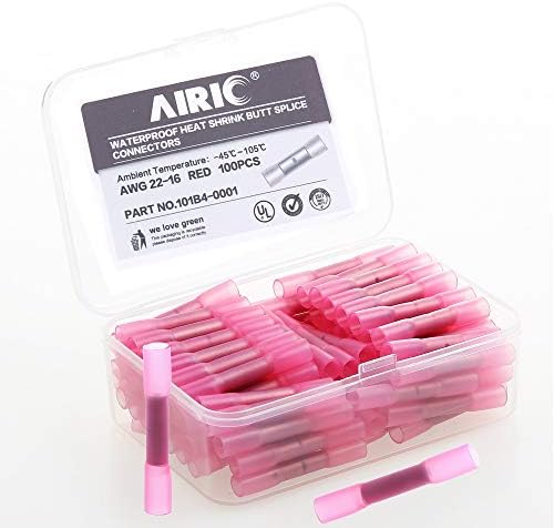 AIRIC 100pcs Waterproof Heat Shrink Butt Connectors Splice Red 22-16 Gauge Marine Automotive Electrical Straight Wire Crimp Connectors Kit