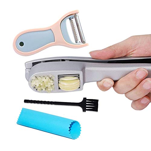 Garlic Press & Slicer - 2 in 1 Handheld Garlic Mincer Crusher Chopper Squeezer with Silicone Tube Peeler and Cleaning Brush Home Kitchen Gadgets, Bonus Vegetable Peeler