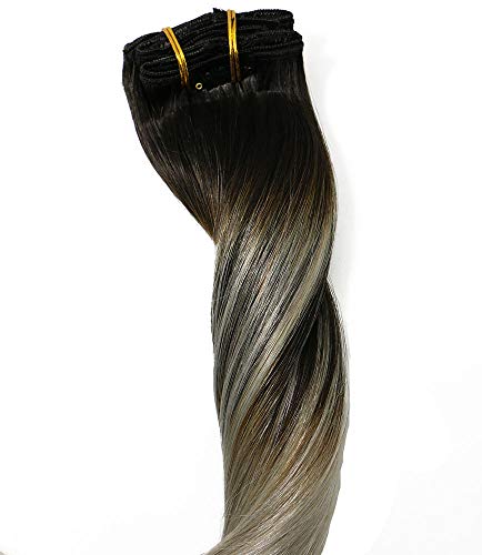 Clip in Hair Extensions 120 G/4.2 Ounce 100% Brazilian Remy Human Hair Extensions 9A Thickened Soft Silky Straight for Fashion Women 7pcs 17clips Full Head(18Inch Ombre Natural Black to Silver Gray)