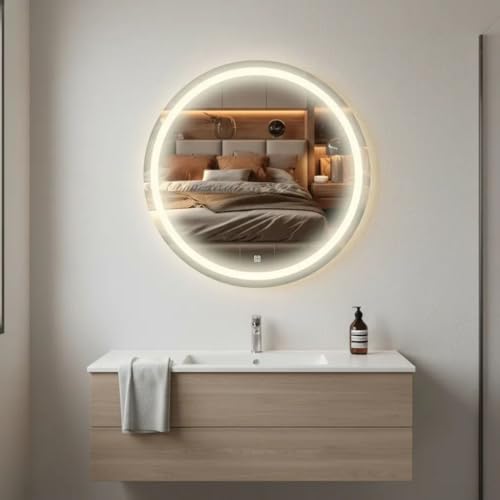 Espelho Redondo 3 Cores de LED e Touch Screen - Vários tamanhos - Decorativo Lapidado Iluminado Luxo (90x90cm)