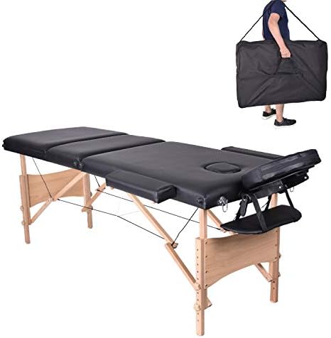 FirstWell Massage Folding 3 Section Wooden Massage Table Portable Height Adjustable Professional Lightweight Massage Bed Beauty Treatment Couch Free Armrest Headrest Carrying Bag（Black）