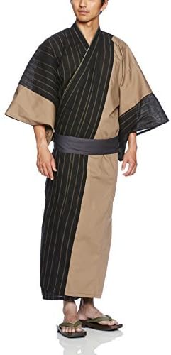 Amazon カブク Kabuku メンズ浴衣4点セット 市松ストライプ ベージュ身頃切り替え Kbk 1724 008be ブラックにベージュ L 浴衣 通販