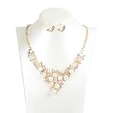 DDLBiz Women's Elegant Pearl Diamond Flowers Necklace Statement Earrings Jewelry Set (Gold)