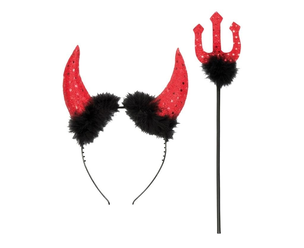 Boland Halloween Devil Costume Accessories Set – Black Headband with Horns and 30 cm Trident for Halloween Parties