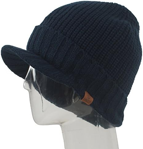 Winter Wool Blend Visor Beanie Knit Hat with Brim Fleece Lined Earflap Ski Cap
