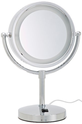 Jerdon Lighted Tabletop Makeup Mirror - Halo Lighted Makeup Mirror with 1X and 5X Magnification in Chrome Finish - 8.5-Inch Diameter Vanity Mirror - Model HL745CO