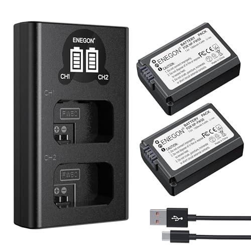 ENEGON Pack de 2 Baterías NP-FW50 y Cargador LCD para Sony ZV-E10, Alpha A6000, A6300, A6400, A6500, A5000, A5100, A7, A7II, A7R, A7RII, A7S, A7SII, RX10 II III NEX-3/5/7 Series