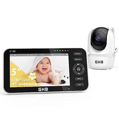 GHB Baby Monitor with Camera 5 Inch 720P HD Display with up to 168 Hours Battery Life in VOX Sleep Mode Split Screen Display Night Vision 4X Zoom Swivelling