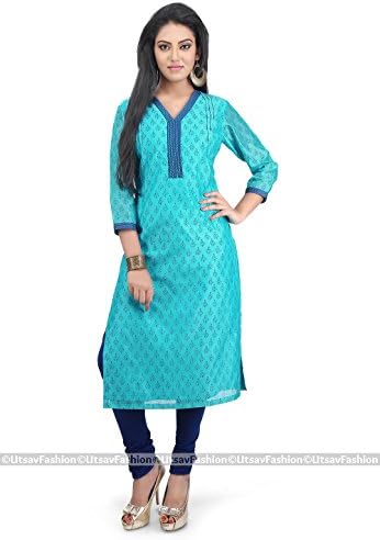 Utsav Fashion Printed Chanderi Cotton Kurta in Turquoise