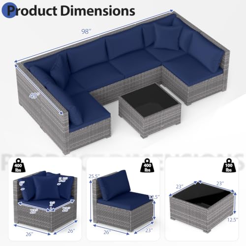 Tangkula 7 Pieces Wicker Patio Furniture Set, Outdoor Sectional Rattan Sofa Set with Seat & Back Cushions, Pillows, Coffee Table, Modular Conversation Set for Backyard, Poolside, Deck & Garden (Navy)