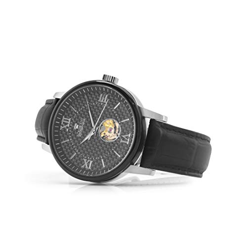 LOUIS-XVI-Herren-Armbanduhr-Le-Louvre-Bicolor-Silber-Schwarz-Karbon-Automatik-Skeleton-Analog-echtes-Leder-Schwarz-975