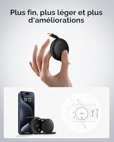 Câble USB C, 60 W PD 5 A QC 4.0, mini, de charge rapide, rétractable, USB C vers USB C, longueur préréglée à 4 niveaux, pour iPhone 15, Samsung, iPad, facile à ranger, portable