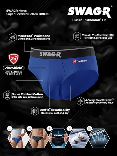 SWAGR 5 Pack Men's Super Combed Cotton Underwear Briefs | Classic TruComfort Fit | Powered by ZincShield Anti-Bacterial Tech | Aerflo Breathability | 4-way FlexStretch | SOXCO Style SG03