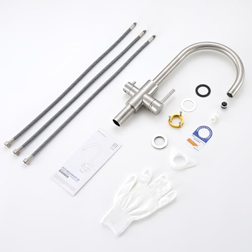 CECIPA Rubinetto Lavello Cucina, Rubinetto Filtro Acqua 3 Vie, 2 Maniglie | Miscelatore Osmosi Cucina per Depuratore, Girevole a 360°, Acqua Calda e Fredda, Acciaio Inox, Spazzolato