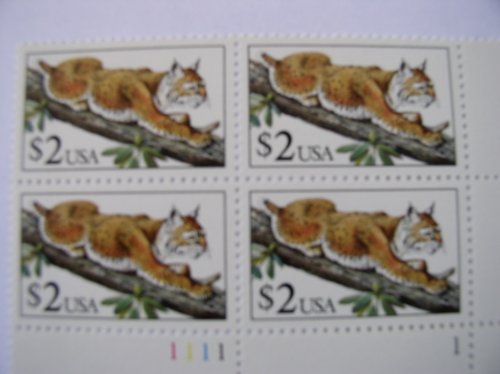 US Postage Stamps, 1990, Bobcat, S# 2476, Plate Block of 4 $2.00 Stamps, MNH