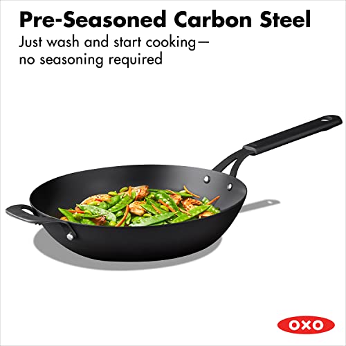 OXO Obsidian PreSeasoned Carbon Steel, 12" Wok Pan with Removable