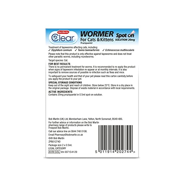 Bob Martin Clear | Spot On Wormer for Cats & Kittens | 100% Effective Tapeworm Treatment (2 Pipettes)