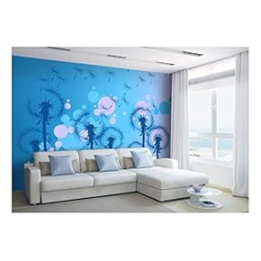 Fun Cute Blue Dandelions Silouettes on a Vibrant Playful Pink and Blue Bokeh Background - Wall Mural, Removable Sticker, Home Decor - 66x96 inches
