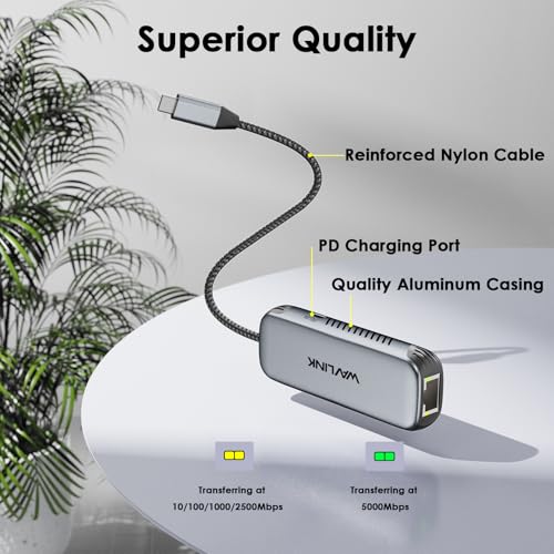 WAVLINK USB C to Ethernet Adapter with 95W PD, Gigabit 5Gbps Ethernet to USB C RJ45 Adapter Compatible with Laptop, Win 10/11, Mac OS 11 or later, Linux.
