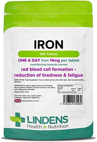 Lindens - Iron 14mg Tablets - 360 Vegan Tablets - UK Made - Reduce Tiredness, Increase Energy, White, 3 count (Pack of 120)