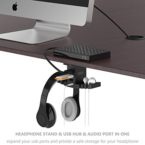 Headphone Stand with USB Hub COZOO Under Desk Headset Hanger Mount Dual Hook Holder with 3 USB Ports(usb3.0+usb2.0) and 3.5mm Jack AUX Port(Audio/Mic) External Sound Card for Gamer, DJ Earphone