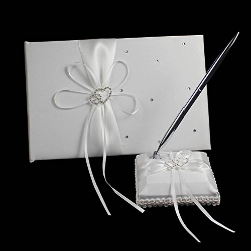 Youzpin 4Pcs Romantic Wedding Ceremony Party Favor Sets, Rhinestone Stain Ribbon Wedding Ring Pillow+ Girls Flower Basket +Guest Book + Pen for Elegant Wedding Party