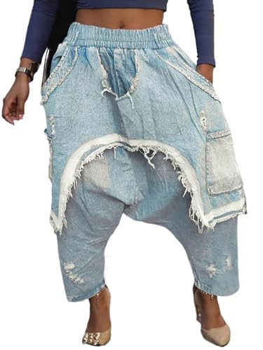 KANSOON Baggy Jeans Women Distressed Denim Harem Pants Elastic Waist Loose Fit Cropped Y2K Streetwear Jeans with Pockets Light Blue M at Amazon