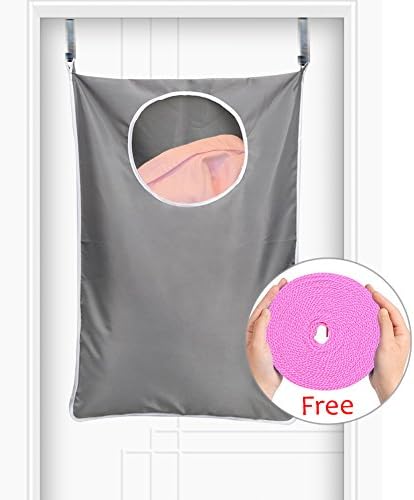 Honice Hanging Laundry Hamper Bag,Canvas Over the Door Modern Closet Organizer Hanging Clothes Basket Folding Collapsible Door Hooks with free Portable Adjustable Clothesline By (Gray)