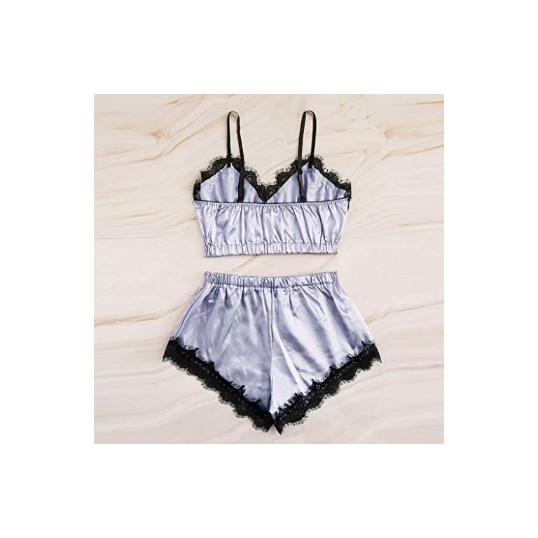 Women Silk Short Sleepwear Set Lace Camisole Pajamas Set Tanks Top