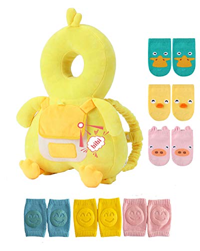 JunNeng Baby Head Protector Backpack with Squeaker, Knee Pads, Anti-Slip Socks, Yellow Duck Sets